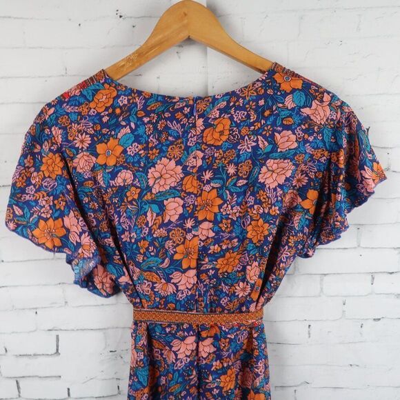 ORANGE PINK & BLUE FLORAL FLUTTER SLEEVE  V LIGHTWEIGHT NECK MAXI DRESS SIZE S - Picture 7 of 9